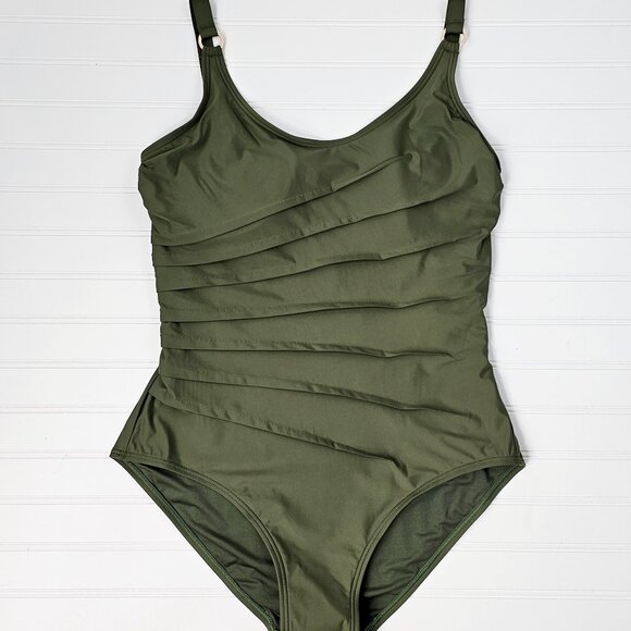DNKY Women's Moss Green Shirred Figure Flattering One Piece Swimsuit Size XL NWT - Picture 2 of 16